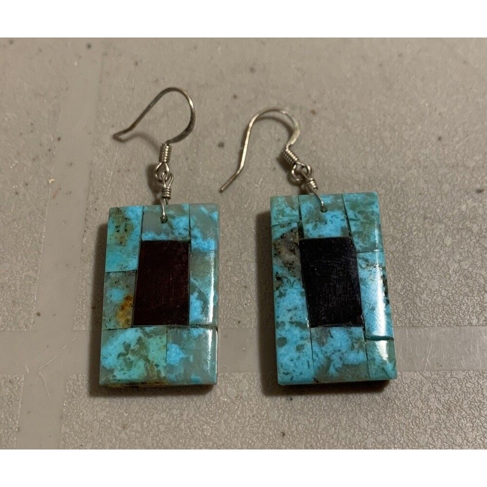Vtg Turquoise Black Onyx Inlay Dangle Hook Earrings South Western Ethnic Boho